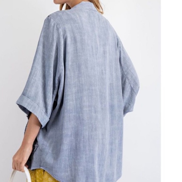 501. Easel washed LINEN Duster Cardigan Blue Pocketed Open short sleeve top - Picture 5 of 5